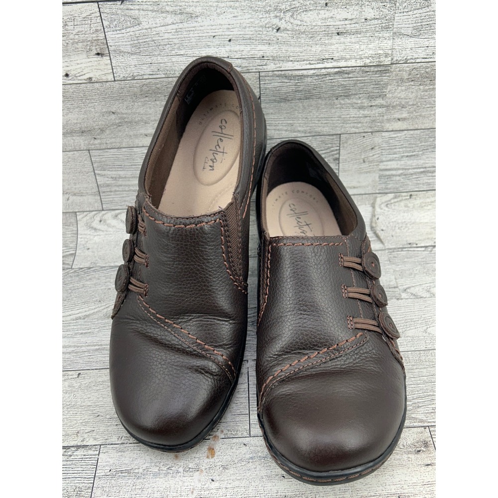 Clarks‎ Collection Brown Leather Button Slip On Loafers Women Size 7.5M